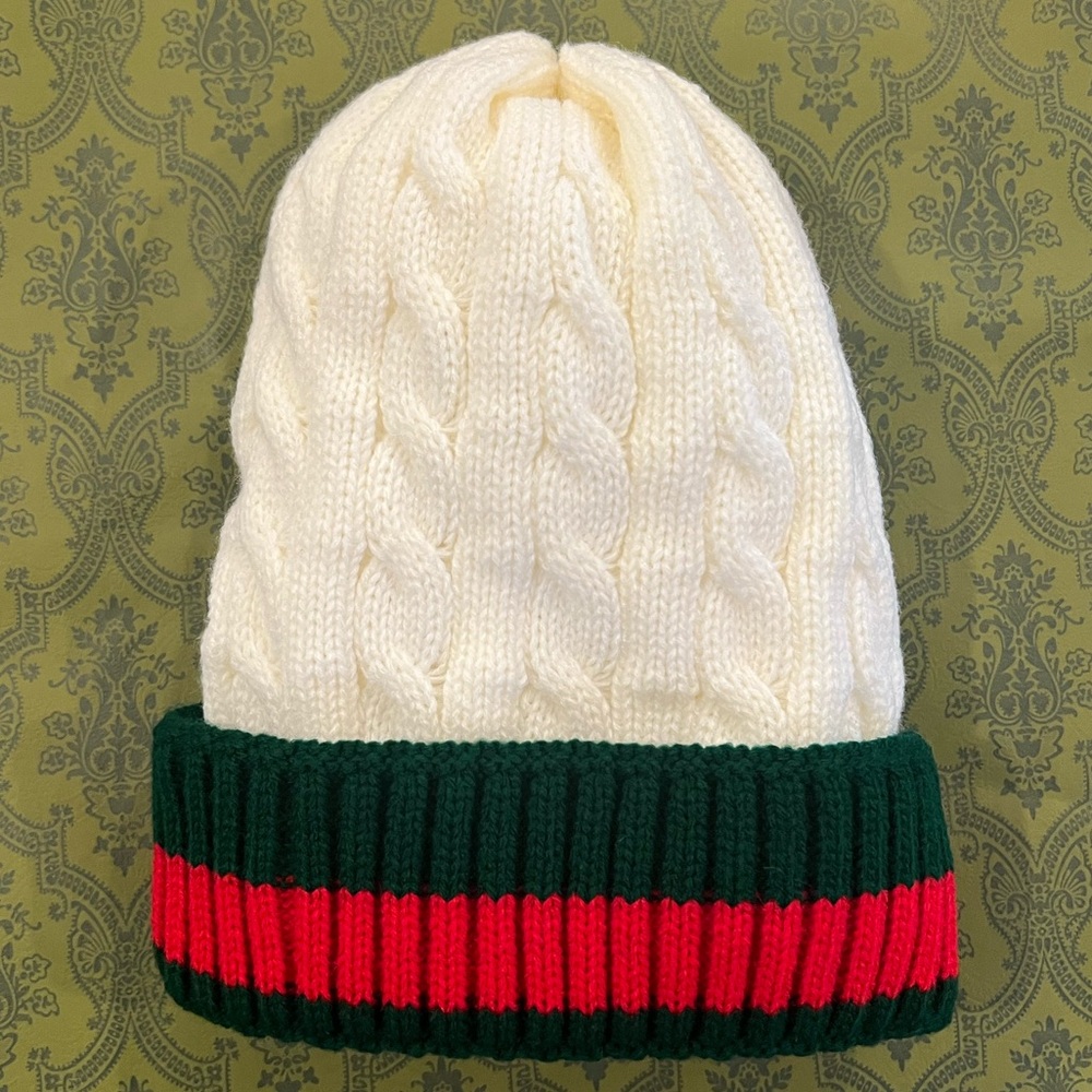White Striped Cable Knitted Winter Beanie